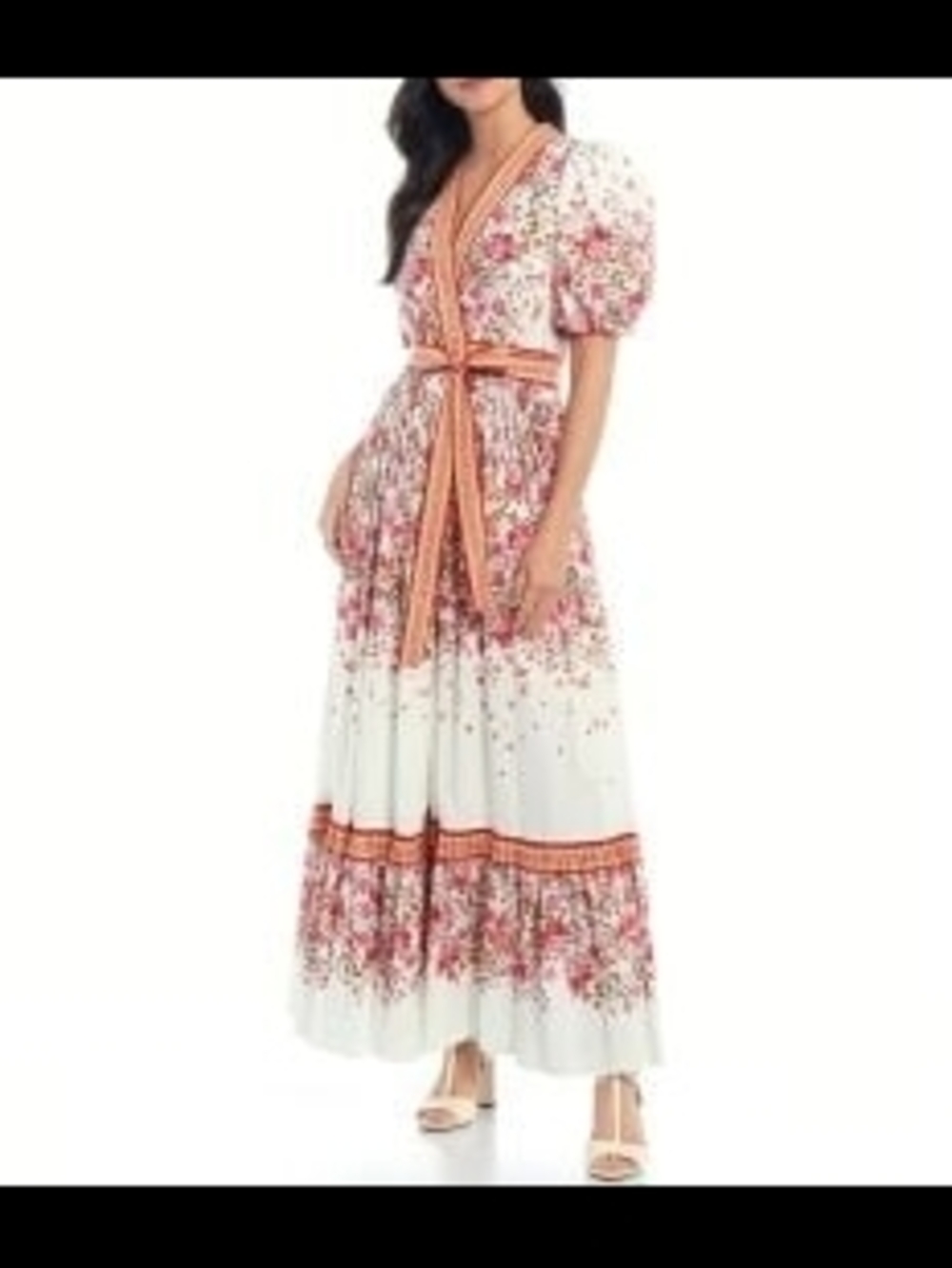 ANTONIO MELANI White Maxi Dress with Pink Floral Print and Peach Trim